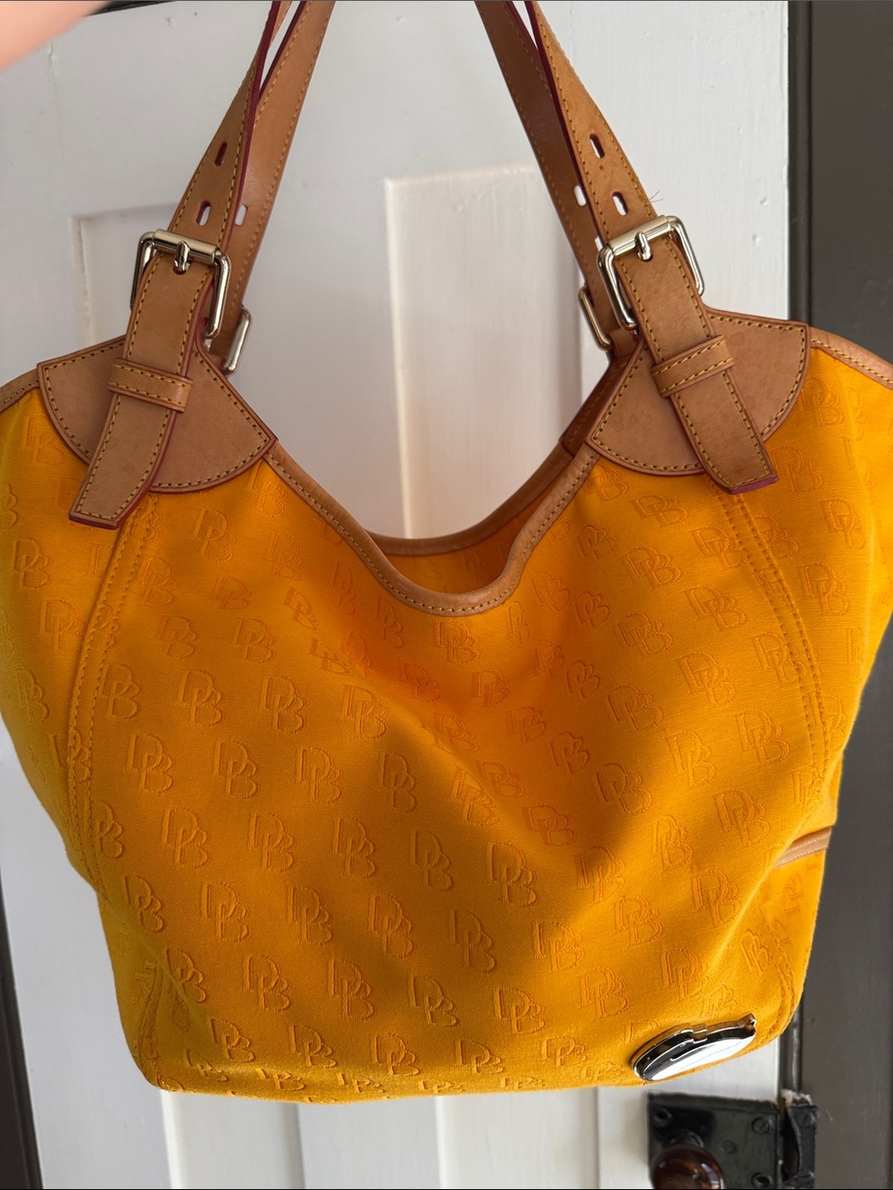 Dooney & Bourke Yellow Shoulder Tote with Tan Leather Trim - Picture 3 of 16